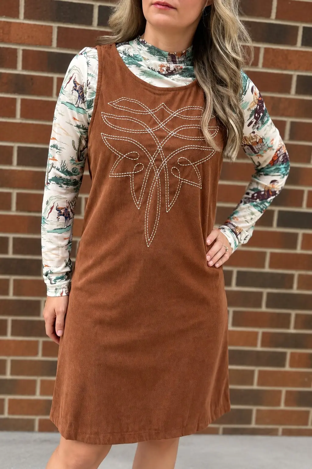 Western Geometric Embroidery Sleeveless Corduroy Dress