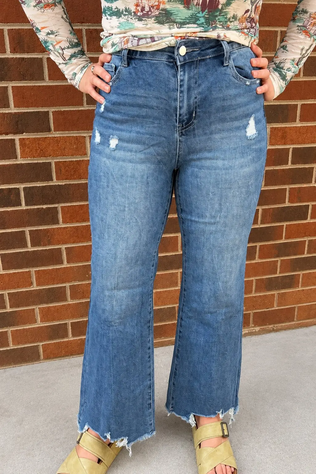 Western High Waist Frayed Hem Flare Jeans